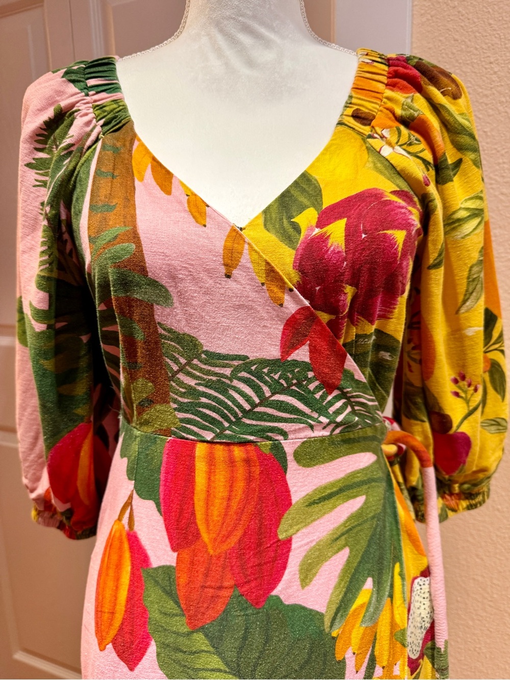 FARM Rio Tropical Floral Wrap Maxi BeachDress Green, Pink & Yellow Mixed Print S - Picture 3 of 14